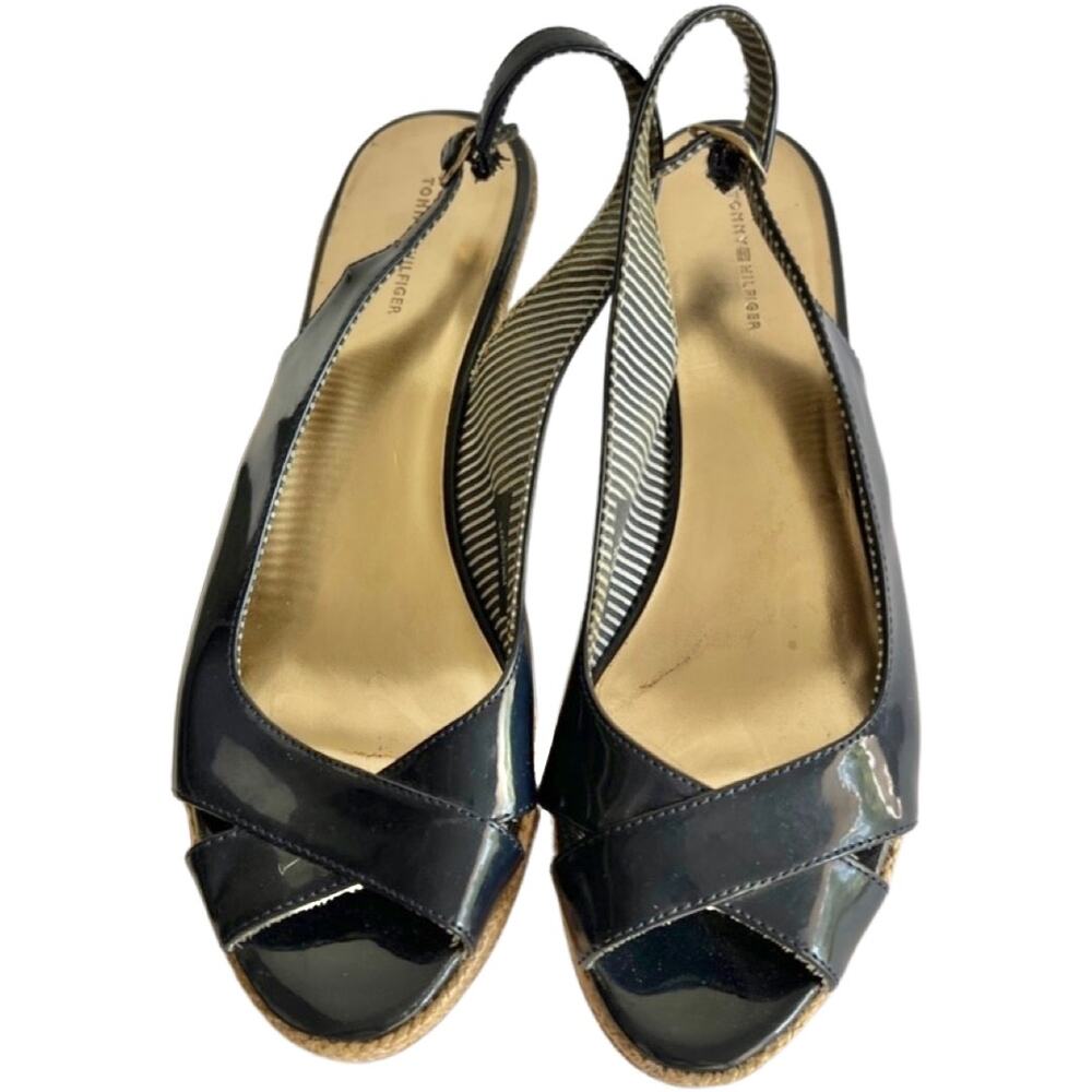 Tommy Hilfiger Navy Blue Patent Peep Toe Slingback Wedge Espadrille size 8.5 - Picture 4 of 7